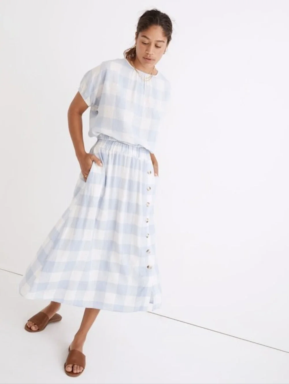 Madewell Linen-Blend Michele Bubble Top in Gingham Check